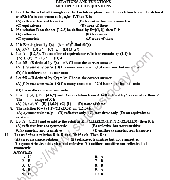 CBSE Class 12 Mathematics Relations and Functions MCQs Set B, Multiple